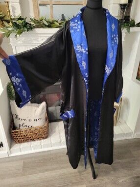 Alexander Del Rossa Black/Royal Blue Satin Reversible Kimono Duster Robe XXL